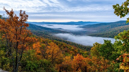 Wall Mural - Breathtaking Autumn Landscape with Misty Mountain Lake and Vibrant Foliage