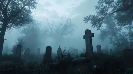 Wall Mural - Misty Graveyard: Capture a graveyard shrouded in mist