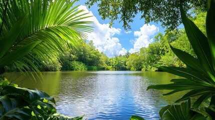 Wall Mural - Tranquil Tropical Pond Surrounded by Lush Foliage and Vibrant Greenery in Jungle Landscape