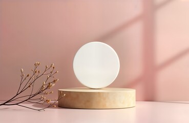 Poster - Minimalist cosmetic product display. Light beige wooden cylinder podium supports white circle. Soft shadows on pale pink background. Dried flowers enhance natural aesthetic. Perfect for skincare