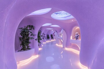 Poster - A futuristic hotel lobby with glowing walls, robotic concierge desks, and a holographic directory display for guests
