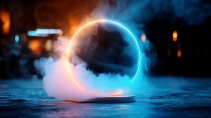 Poster - Glowing Circular Ring Hovers Above Smooth Surface Surrounded by Mist and Smoke