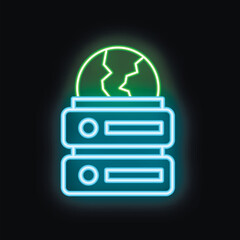 Poster - Neon glowing icon of a server down with planet earth on top