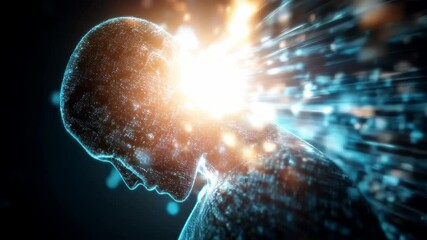 Poster - Digital Figure Emerges from Glowing Particles, Symbolizing Creativity and Innovation Transformation