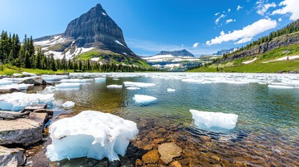 Canvas Print - Breathtaking Glacial Alpine Lake Surrounded by Majestic Snowy Mountains in Scenic Wilderness