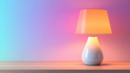 Wall Mural - Modern Table Lamp with Soft Glow on Wooden Surface and Colorful Background