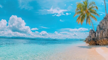 Canvas Print - Stunning Tropical Beach Landscape with Palm Tree and Turquoise Ocean at Paradise Destination