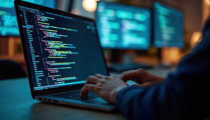 Poster - Person coding on laptop. Focused person working on Javascript code. Digital tech innovation. Software development. IOT, network connectivity. Businesswoman, programmer, developer. Modern tech. Web