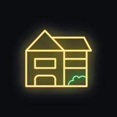 Poster - Glowing neon icon representing a suburban house with a garage, evoking concepts of homeownership and real estate