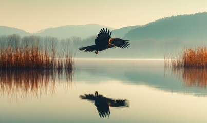 A bird is flying over a lake