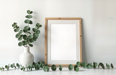 Poster - Empty wooden picture frame in white interior with eucalyptus decorations. Minimalist style. Blank frame for photo art. Modern home decor template. Ideal for interior design print template. Stylish