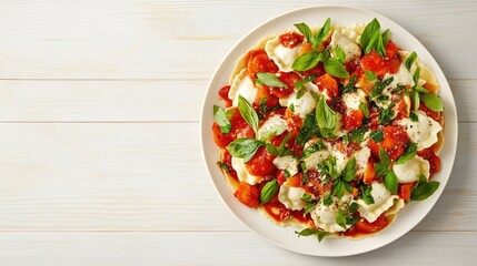 Wall Mural - Delicious Homemade Ravioli with Tomato Sauce and Fresh Basil Leaves