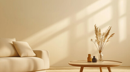 Poster - Cozy living space with soft beige sofa, minimalist decor, and natural light streaming in