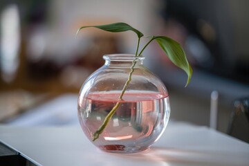 Aufkleber - A single green plant stem in a clear glass vase filled with light pink water.
