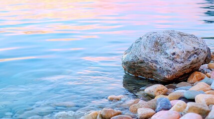 Poster - Serene Sunset Reflections on a Tranquil Lake Surrounded by Pebbles and Rocks on the Shore