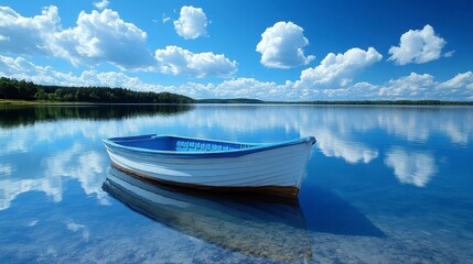  Serene lake scene with a small boat reflecting in calm water under a vibrant blue sky with fluffy clouds.