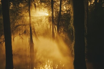 Poster - A mysterious swamp with dense trees is shrouded in ethereal fog, immersed in golden sunlight, creating an enchanting and atmospheric visual experience.