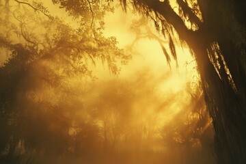 Poster - A captivating forest caught in golden sunlight with mist swirling among towering trees, offering a mystical and serene environment that evokes introspection.