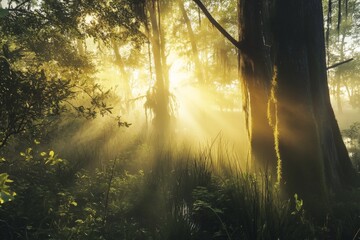 Poster - A lush forest is infused with golden sunlight filtering through thick foliage, casting an otherworldly aura and creating a mysterious yet beautiful landscape.
