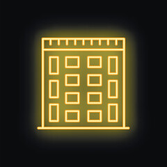 Poster - Neon sign illustrating a building facade glowing yellow on a black background
