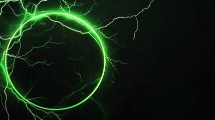 Poster - Green electric lightning is surrounding a circular frame with copy space on a black background, creating a powerful and energetic visual effect