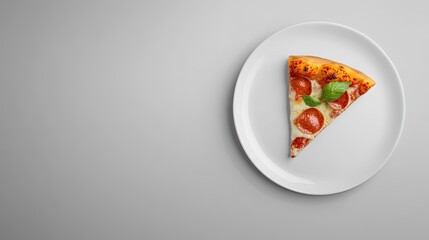 Wall Mural - Freshly Baked Pepperoni Pizza Slice on White Plate with Basil