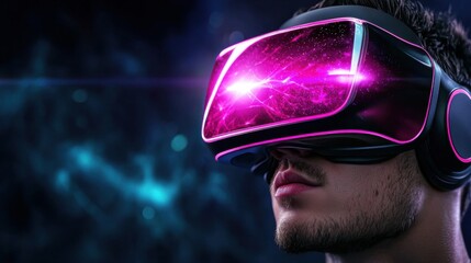 Poster - A person wearing a futuristic virtual reality headset in a dark neon lit cyberpunk inspired digital environment