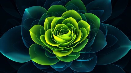 Poster - Fractal generated image of a green and yellow rose with blue leaves blooming in the dark night, creating a beautiful and surreal floral composition