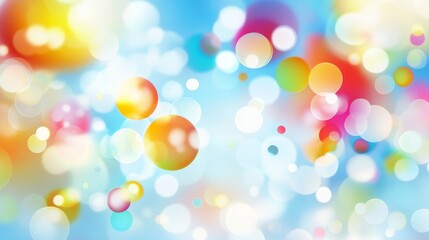 Poster - Abstract background features colorful bokeh bubbles of varying sizes floating against a light blue backdrop, creating a vibrant and dreamy atmosphere