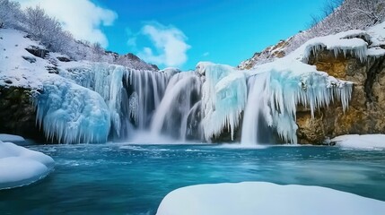 Wall Mural - Breathtaking Frozen Waterfall Cascading Through Icy Landscape in Majestic Winter Wonderland