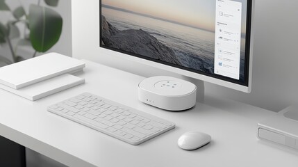 Poster - A modern workspace featuring a minimalist white desk with a computer, keyboard, mouse, and decorative elements, creating a serene and organized environment.