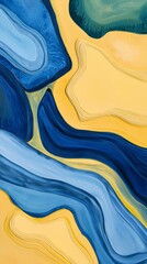 Poster - Blue and yellow acrylic paints mixing together creating unique fluid art textures and patterns, perfect for an abstract background or wallpaper