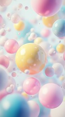 Poster - Many colorful spheres are floating in a pastel dreamlike background, creating a joyful and playful atmosphere with a sense of wonder and magic
