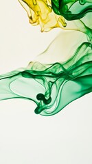 Poster - Green and yellow ink swirling together in water, creating dynamic, abstract shapes with an ethereal quality against a clean white background, inviting imagination and creativity