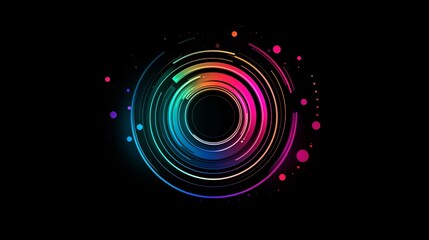 Poster - Vibrant, colorful gradient circular lines and dots converging at the center create a modern hud element against a stark black background, perfect for futuristic themes