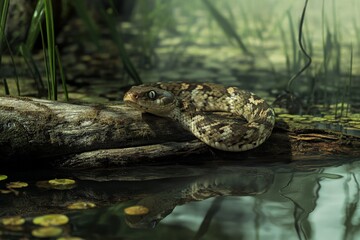 Poster - A brown patterned snake lies gracefully on a log in its natural habitat, surrounded by lush greenery and water, embodying themes of nature and tranquility.