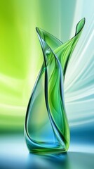 Fototapete - Green glass vase with elegant curves standing on a reflective surface, illuminated by a gradient background blending green and blue tones, creating a visually appealing composition