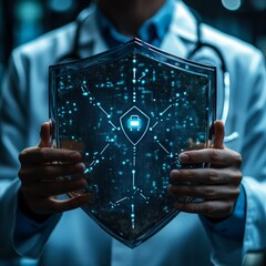 Poster - Holding a Translucent Shield With Digital Patterns Signifies the Importance of Cybersecurity in Healthcare Technology