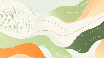 Poster - Modern abstract background featuring flowing shapes in pastel green, orange, and cream colors, with a halftone dot pattern, creating a dynamic and visually appealing design