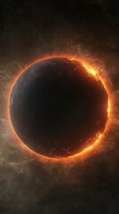 Poster - Bright orange flames engulfing a dark planet erupt in the vast, mysterious universe, creating a stunning cosmic spectacle filled with energy and destruction