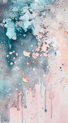 Poster - Turquoise and pink watercolor paint creates a beautiful abstract background with dripping paint and gold glitter splattered across the canvas