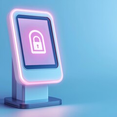 Poster - register with identity concept. digital lock display with neon glow on blue background