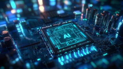 Aufkleber - Close-up View of a Futuristic Microchip With AI Branding, Showcasing Advanced Technology and Electric Blue Lighting in a Dark Environment