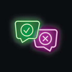 Poster - Neon speech bubbles showing tick and cross signs, concept of positive versus negative, right and wrong choices