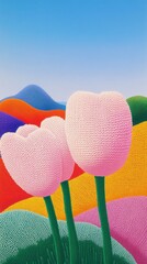 Wall Mural - Whimsical hand-knitted field of tulips in soft pastel yarn hues, gently swaying in a breeze under a warm woolen sun. Magical and cozy spring scene.