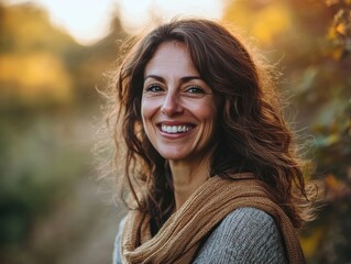 Wall Mural - Warm smile of a woman in a wooded area during autumn, with soft sunlight highlighting her features and the surrounding foliage