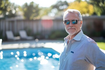 Poster - A man wearing sunglasses stands by a sparkling blue pool under the sun, capturing leisure, relaxation, and luxury in a serene outdoor environment.