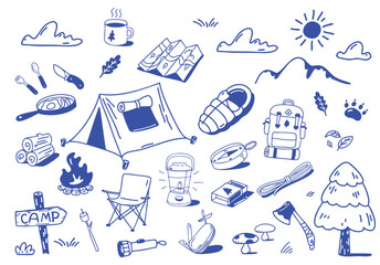 set of camping and hiking elements in doodle style hand drawn vector illustration isolated on white 
