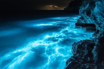 Aufkleber - A stunning nighttime scene depicting glowing bioluminescent waves gently washing against a rocky shore, creating an ethereal and otherworldly atmosphere.