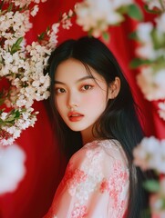 Wall Mural - Portrait of a young woman surrounded by blossoms against a striking red backdrop, showcasing beauty and elegance in spring's vibrant colors